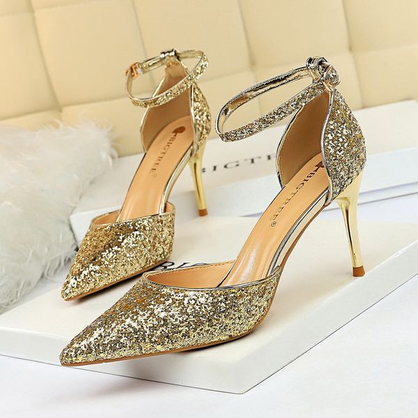 Sandales des femmes 7,5 cm 9,5 cm Super High Heels Pompes en or bleu Sexins Sexins Bling Lady Scarpins Luxury Stiletto Shoes Sparkly Party Shoes