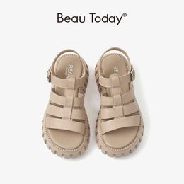 Dames sandalen Beautoday platform open teen slingback enkel buckle riem echt leer casual buiten zomer vrouwelijke schoen b1e7