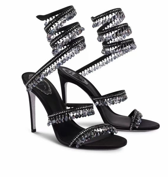 Sandalias de mujer Diseñador Zapatos de vestir con diamantes de imitación Tacón alto Cristal Luz Colgante Anillo de pie entrelazado Para mujer Flash Plata Suela de cuero real
