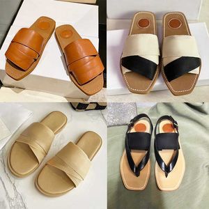 Dames sandalen ontwerper Woody Flat Sandal Letters slippers kalfsleer canvas kruisbanden schoenen Summer Beach Flip Flops Outdoor Leathers Sole Glaasjes met doos NO290