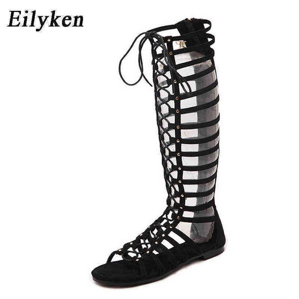 Sandalias de mujer Eilyke de cuero de alta calidad con tiras y punta abierta hasta la rodilla verano gladiador plano romano vendaje botas casuales 0211
