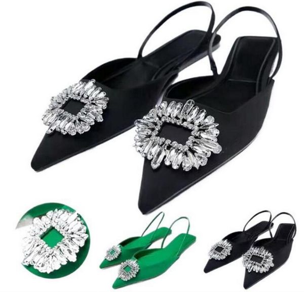 Femmes Sandales Mode Strass Boucle Carrée Demoiselle D'honneur Chaussures De Mariage Solide Troupeau Bout Pointu Escarpins Talons Plats Français Pantoufle