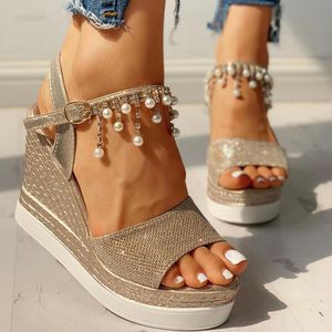 Dames sandalen mode kwast kralen dames wig hiel dikke crystal pearl hoge hakken bohemian wind cool schoenen platform sandalsandals s sandalen 153 82 s sandalen