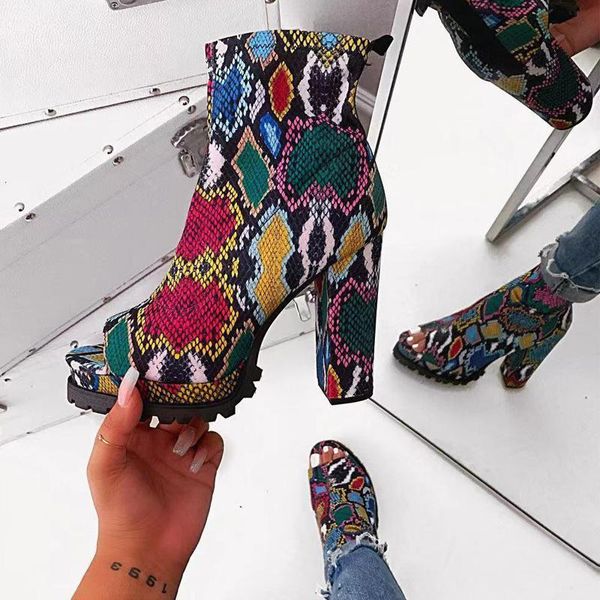 Sandales Sexy à talons hauts et bout ouvert pour femmes, chaussures serpent multicolores, plateforme à fermeture éclair, bottes à semelles épaisses