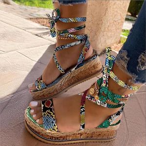 Femmes sandales été serpent chaussures compensées imprimé ethnique mode décontracté à lacets femmes chaussures plage dames grande taille chaussures sandales