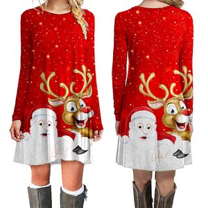 Mujeres Santa Claus Elk Navidad Impreso Vestido Vintage Otoño Invierno O-cuello Manga larga Casual Vestidos de fiesta de Navidad sueltos 210507