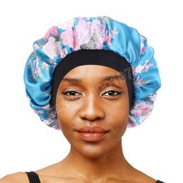 Femmes Satin Bonnet Impression Élastique Large Bande Nuit Sommeil Chapeau Dames Silky Hair Cover Head Wrap Chemo Cap Curly Springy Bonnet