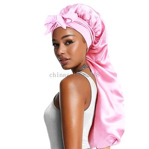 Bonnets de nuit en Satin pour femmes, Long baril réglable, avec nœud de couleur unie, bonnet de nuit pour cheveux secs, chapeau de douche, beauté et soins capillaires