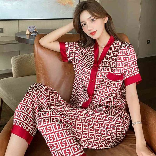 Femmes Satin Pyjamas V Cou Design Luxe Soie À Motifs Comme Vêtements De Nuit Ensemble Haut À Manches Courtes Et Pantalon Long Dames Homewear 210830