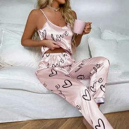 Mujeres Satin Silk Pajamas Sets Letter Cami Cami Camiseta con pantalones Sleepwear Ladie sexy pijama lencería pijama de pijama 240321