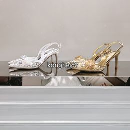 Vrouwen satijnen vaste kleur stiletto hakken luxe designer lederen strass jurk schoenen achterste riem duidelijke bloemen sandalen backless avondschoenen