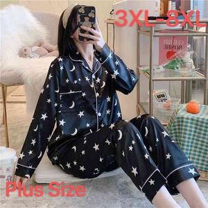 Vrouwen Satin Suit Nightgown Silk Nightie Wear Home Clothes Pyjama Lange Loungewear Plus Size 4XL-7XL 8XL 210830