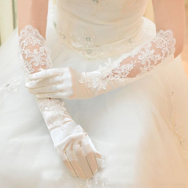 Femmes Mariage en satin longs gants à doigt complet Applique appliquée perle Patchwork bijoux de mariée mitaines