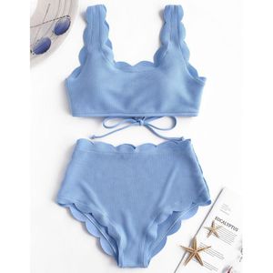 Femmes festonné texturé taille haute Bikini ensemble solide deux pièces plage maillots de bain maillots de bain dentelle Biquinis femmes