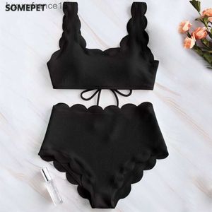 Vrouwen Geschulpte Getextureerde Hoge Taille Bikini Set Effen Twee Stukken Strand Badpakken Kant Biquinis''gg''DLMC