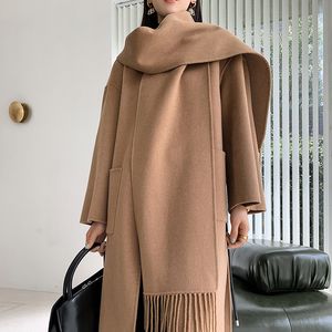 Manteau 100% laine pour femmes, col écharpe Double face, Style coréen, mi-long, couleur unie, vêtements de luxe féminins