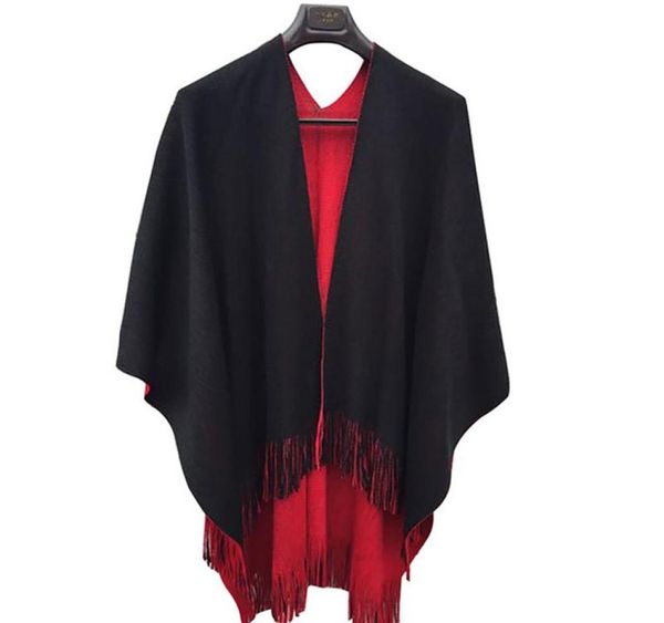 Bufanda de Mujer, chal de punto, abrigo dividido con borlas, negro, rojo, doble cara, capa de doble propósito, Bufanda para Mujer Scarves5298936