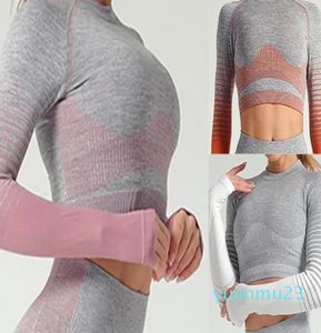 Conjunto de Yoga sin costuras para mujer, Top de manga larga, pantalones para correr, mallas deportivas de cintura alta, ropa de gimnasio, traje deportivo energético, mallas de chica para gimnasio