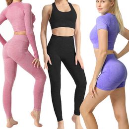 Vrouwen Naadloze Yoga Set Workout Sport Slijtage Gym Kleding Fitness Korte / Lange Mouw Crop Top Hoge Taille Leggings Pant Sports Suits T200617