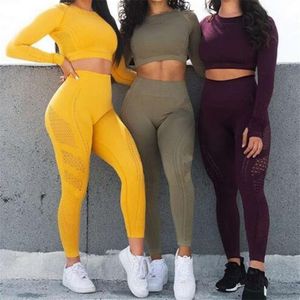 Femmes sans couture Yoga Sets taille haute Gym Mesh Leggings Chemises Costume à manches longues Fitness Workout Sports Running Thin Yoga Sets T200115