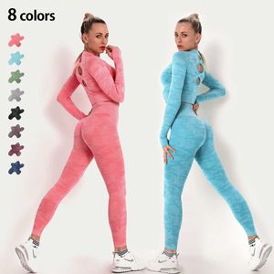 Femmes Seamlgym Set manches longues supérieure taille haute contrôle du ventre sport leggings vêtements de gymnastique costume de couture filles sexy x0629