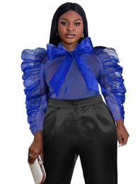 Las mujeres ven a través de la blusa de la manga de soplo Tops Sexy Azul Transparente Flojo Casual Noche Night Club Party Shirt Blusa 4XL Plus Tamaño w1VY #