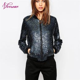 Femmes Sequin Manteau Bomber Veste À Manches Longues Zipper Streetwear Casual Lâche Glitter Survêtement Nouvelle Mode Femme Automne Manteau T200212