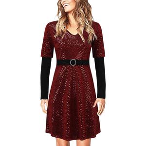 Femmes Sequin robe de soirée taille haute à manches longues femmes vêtements avec ceinture dames classique col en V robe de bal mode robes mi-longues Y1204