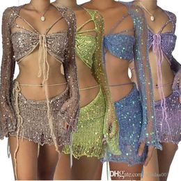 Conjunto de tres piezas de lentejuelas para mujer, nuevo vestido de punto con cuentas, traje de baño de talla grande, Bikini Sexy recortado, traje de baño elegante para mujer