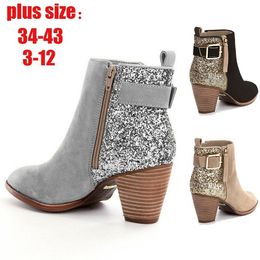 Femmes Paillettes Boot Designer Boucle Bottines Mode Sexy Chaussures À Glissière Latérale pour Dames Bottes De Combat D'hiver Grande Taille avec Boîte