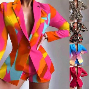Vrouwen zetten elegante blazer tops en shorts pak bij elkaar overeen met twee 2 -delige set kantoor dame luipaard ketting outfits kleurrijke jas 2023
