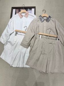 Vrouwen sets lente en zomer linnen kralen Brunello kraag shirt shorts pakken cucinelli witte abrikoos
