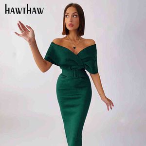 Femmes Sexy Automne Party Club Soirée d'anniversaire Moulante Vert Midi Robe Crayon 2021 Automne Gros Lots En Vrac Vêtements Y220413