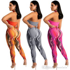 Femmes sexy dos nu deux pièces pantalons tenues mode couleur unie évidé coupe hauts + pantalon imprimé suspendu cou discothèque