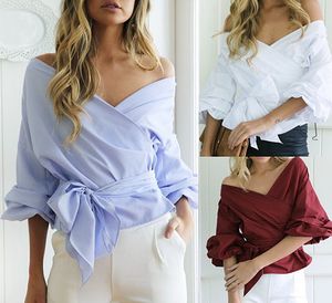 Vrouwen Sexy Bandage Blouse Shirt Off Shoulder Latern Sleeves Grote Crossing With Bow Pepulm Ontwerp Diepe V-hals Zomer Korte Toppas