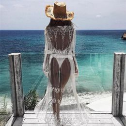 Femmes Sexy Beach Robe White Murffon Lace Kimono Bikini Cover Up Wrap Cardigan Beachwear Hollow Out Long Sund fouet