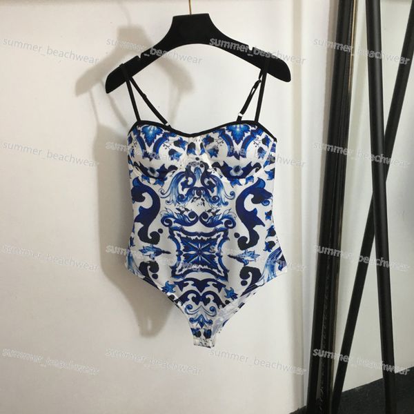 Bikini Sexy de realce para mujer, traje de baño de una pieza con estampado de porcelana azul y blanca, traje de baño para Fiesta EN LA Piscina de verano