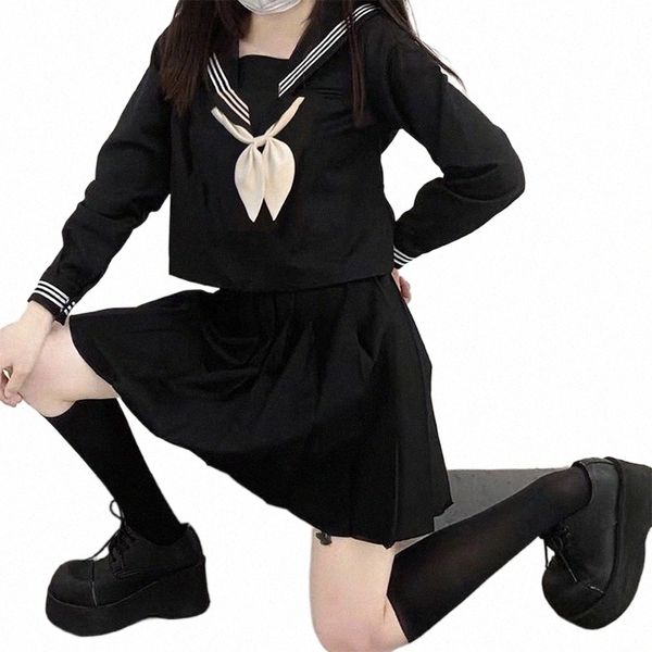 Femmes Sexy Noir JK Costume Uniformes scolaires japonais Style S-3XL Étudiantes Filles Marine Costume Sailor Blouse Jupe plissée Ensemble h1hK #