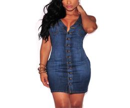 Vrouwen Sexy Blauwe Mouwloze Denim Jurk Jeans Jurken Cowboy Bodycon Mini Jurk Vestidos Enkele Breasted Jurk Mt2366 C190412016413704