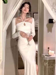 Vrouwen Sexy Bodycon Avondfeest Jurk Franse Elegante Halter Slanke Gebreide Gewaad Koreaanse Herfst Mode s Vestidos 231228