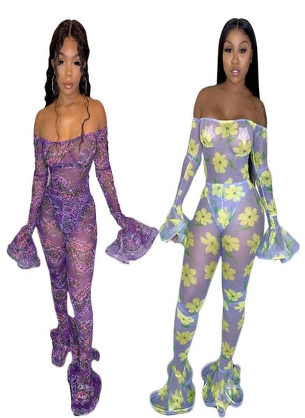 Mujeres Sexy Club Catsuits Monos de malla Estampado floral Flores Totem Zip Up Manga larga acampanada Pantalón acampanado Mono ajustado transparente Yel9728531