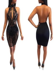 Femmes Sexy Club Sequin robe Lady Black Halter Backless Voir à travers Hollow Out Paisley Pattern Party Mini Bodycon Dress1473882
