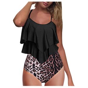 Conjunto de bikini con abertura en contraste sexy para mujer Traje de baño Leopardo Sexy sin espalda Halter Dot Impreso Traje de baño Conjunto