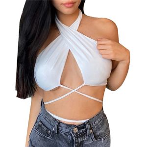 Vrouwen Sexy Crisscross Halter Hals Knipsel Top Effen Kleur Sheer Cup Strappy Tie Backcrop Top E-Girl Y2K Streetwear 2021 X0507