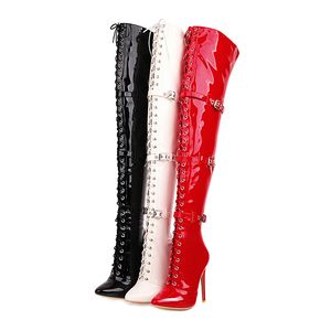 Femmes Sexy Croix Nouées Cuissardes Bottes Bout Pointu Mince Talons Hauts Sur Les Bottes Au Genou Chaussures En Cuir Verni Femme 33-46 pour les chaussures de fête des filles