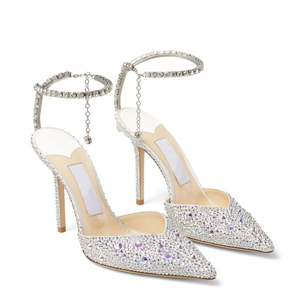 Femmes Sexy cristal décoratif sandale à talons hauts bout pointu strass - bobine de sangle incrustée talons talon haut pour les femmes d'été créateurs de luxe chaussures taille 35--42