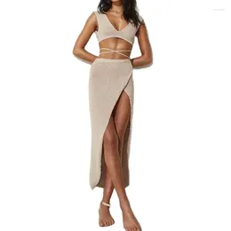 Femmes sexy deep V Neck Neckless sans lacets courts courts courts de protection du soleil Cover-up de bikini féminin Split Hem Half-Body Robe 24