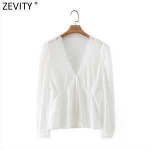 Femmes Sexy Deep V Col Dentelle Patchwork Smock Blouse Dames Manches Bouffantes Casual Slim Chemises Chic Blusas Tops LS7627 210420