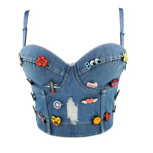 Femmes Sexy Designer Perles Denim Coton Camisole Tops Summer High Street Style Punk Court Camis Crop 210527