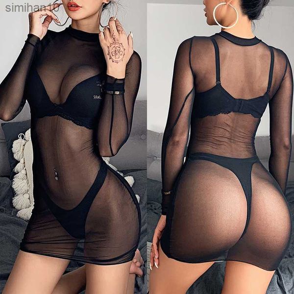 Femmes Sexy Robe Sexe Pur Net Fil Transparent À Manches Longues Crop Top Mini Robe Mince Robe Noire Robe Serrée L230518